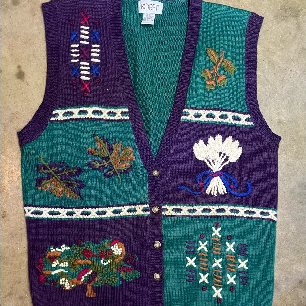 VTG Koret Fall Sweater Vest Acorns Tree Wheat Cottagecore L Green Cream Purple